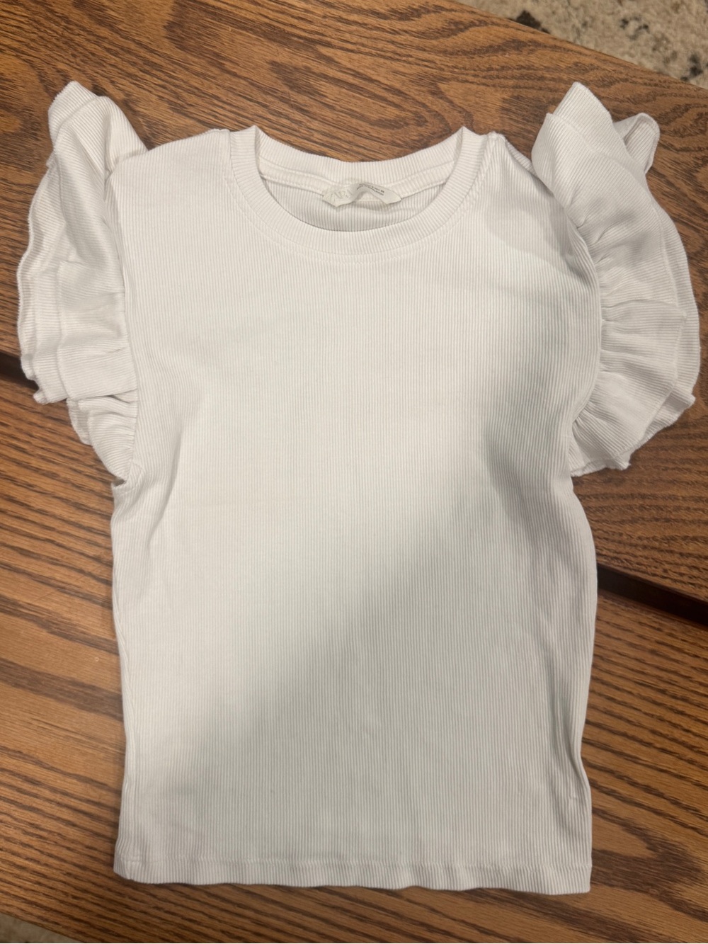 Zara White Ribbed Tee with Ruffle Sleeves